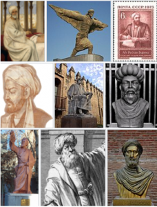 ইসলামের স্বর্ণযুগের গুরুত্বপূর্ণ ব্যক্তিত্বগণ; উপর থেকে ঘরির কাটার দিকে: আল-জাহরাবী, আব্বাস ইবনে ফিরনাস, আল-বেরুনী, ইবনে সিনা, ইবনে রুশদ, ইবনুন নাফিস, আল-খারেজমি, ইবনুল হায়সাম, ইবনে খালদুন