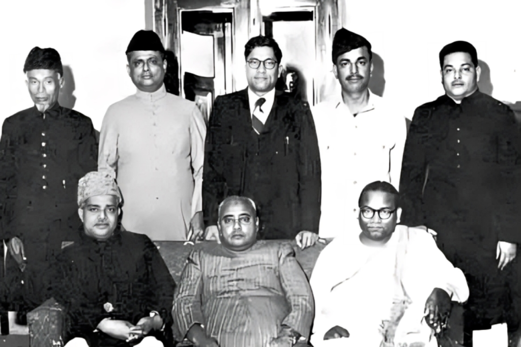 ফজলুর রহমান ও খাজা নাজিমুদ্দিনের পাশে বসে যোগেন্দ্রনাথ মন্ডল